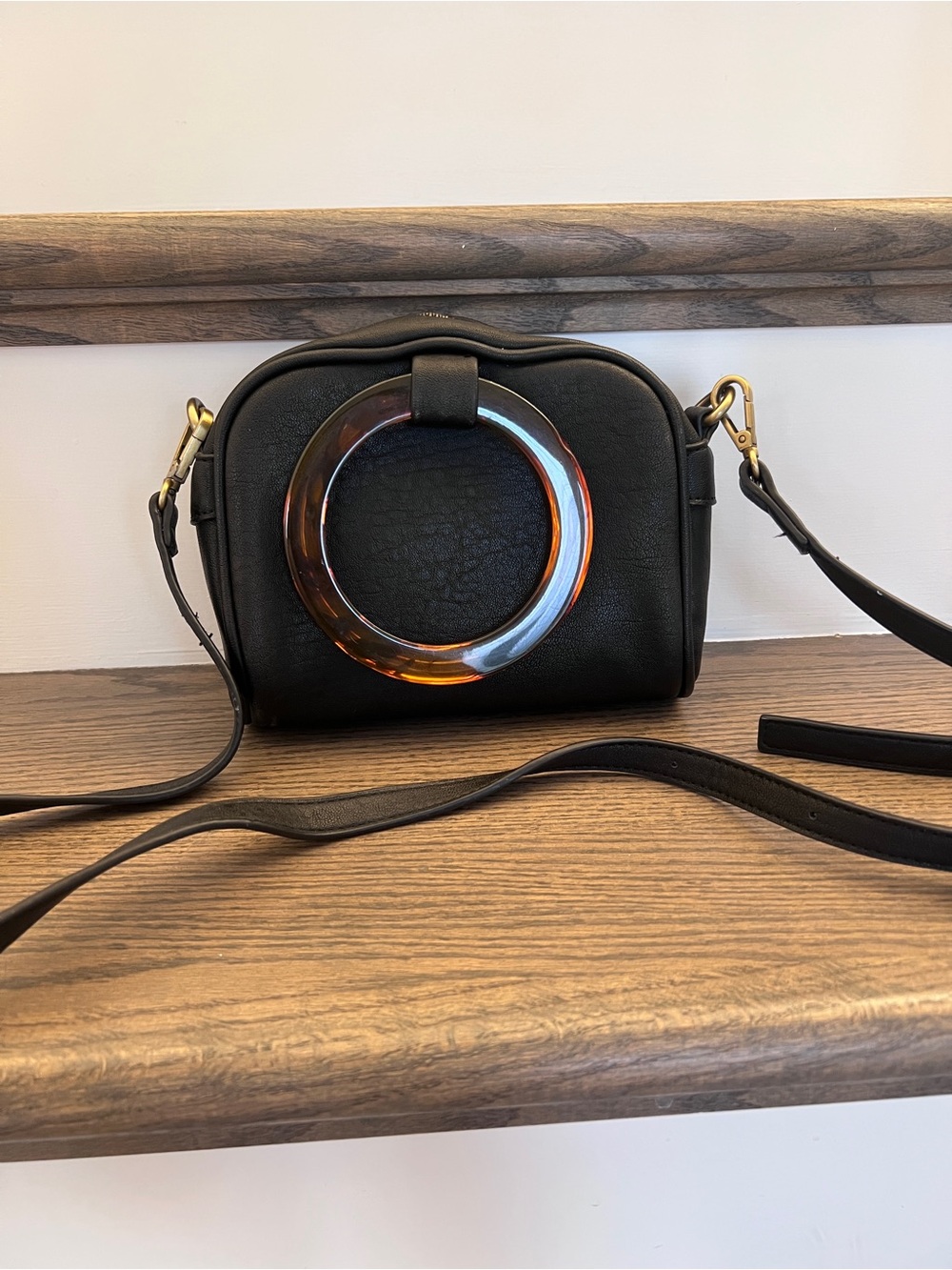Black Crossbody Bag with Tortoise Acrylic Handles & Adjustable Strap